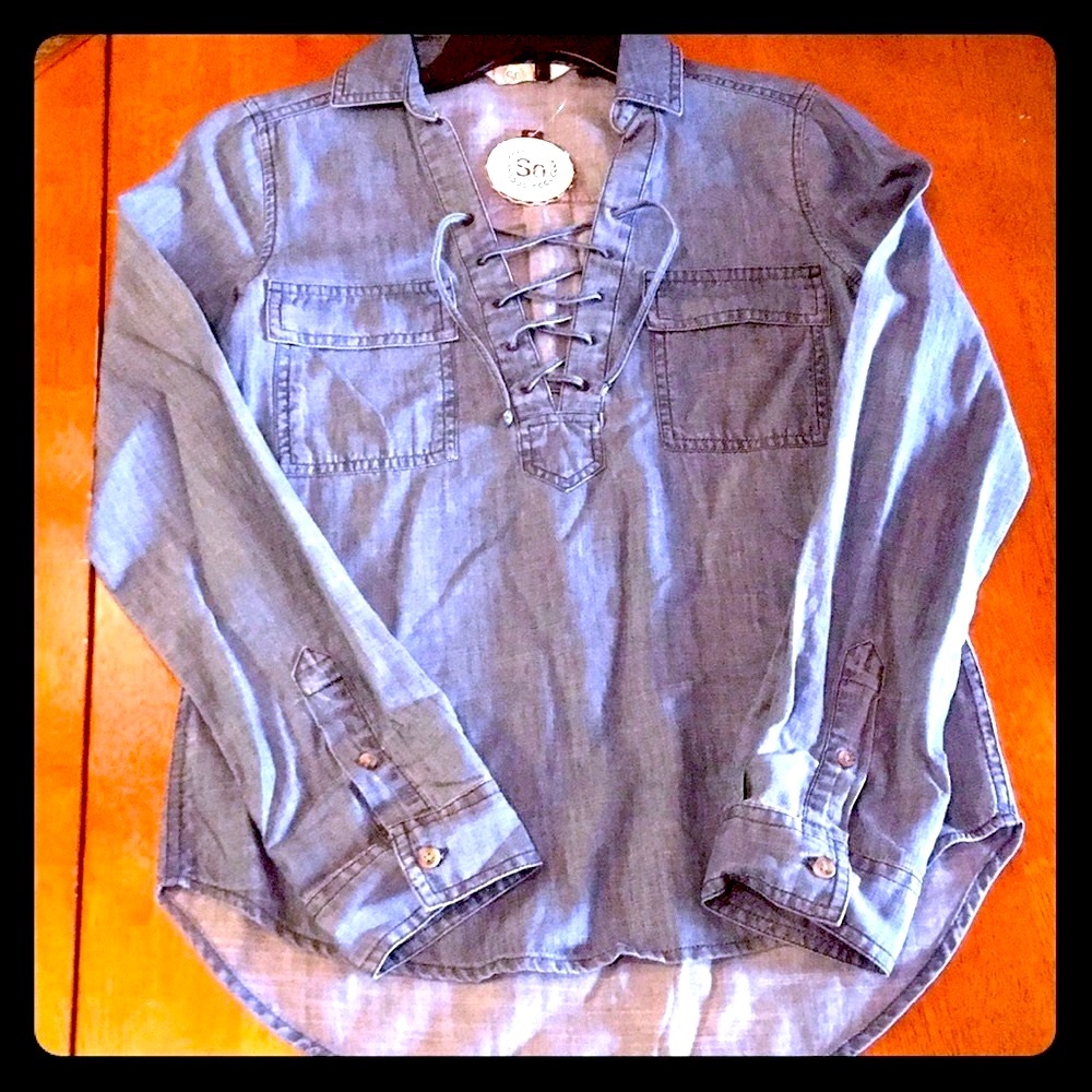 🔴 CLEARANCE 🔖 NWT SO 100% COTTON DENIM JEAN LACE-UP LONG SLEEVE SHIRT TOP XS 2